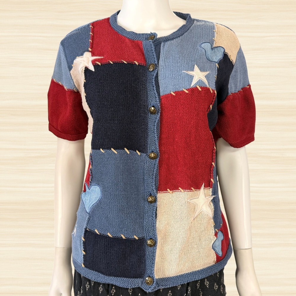 Christopher Banks Hand Embroidered Patchwork Cardigan Stars Hearts Americana M